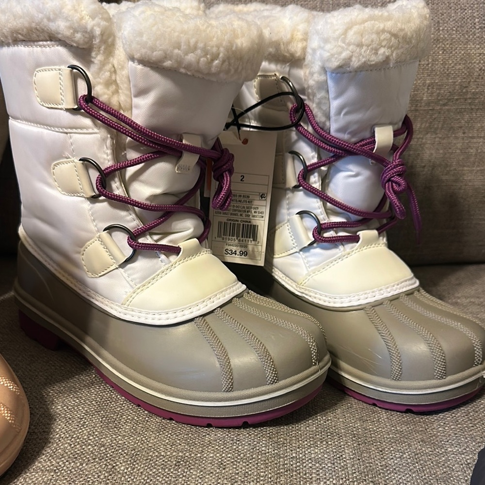 White and Gray Winter Boots with Purple Accents